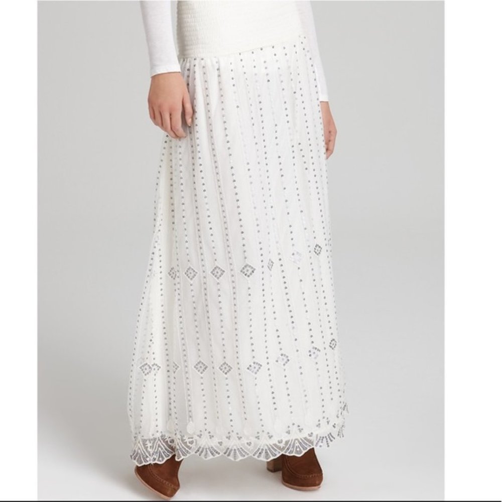 Free People White Maxi Skirt with Embellished Pattern